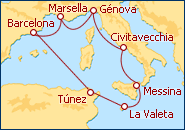 Ver o itiner�rio do Cruzeiro Tun�sia, Ilha de Malta, Italia e Fran�a