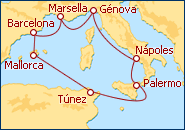 Ver o itiner�rio do Cruzeiro Fran�a, Italia, Tun�sia e Ilhas Baleares