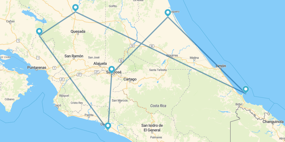 Tortuguero, Caribe, Arenal, Monteverde, Manuel Antonio e noite em San José