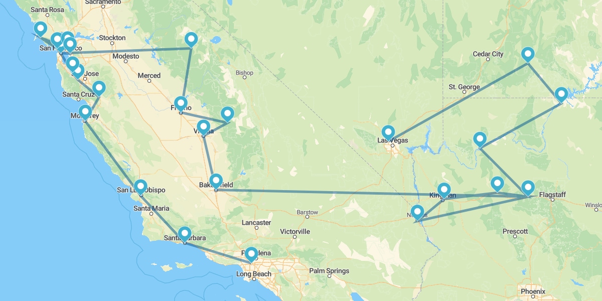 Percurso da Califórnia ao Nevada com Parques Naturais