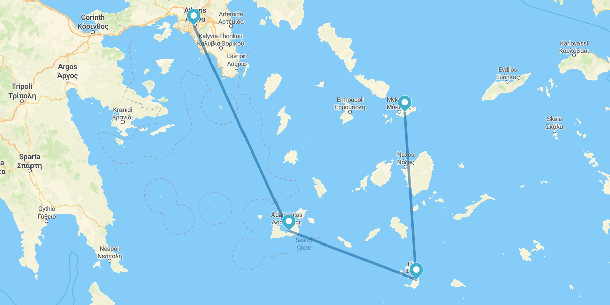 Atenas, Milos, Santorini e Míconos en ferry