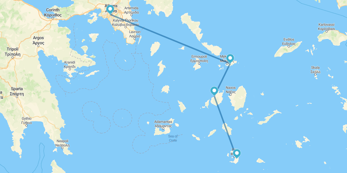 Atenas, Míconos Paros e Santorini de ferry