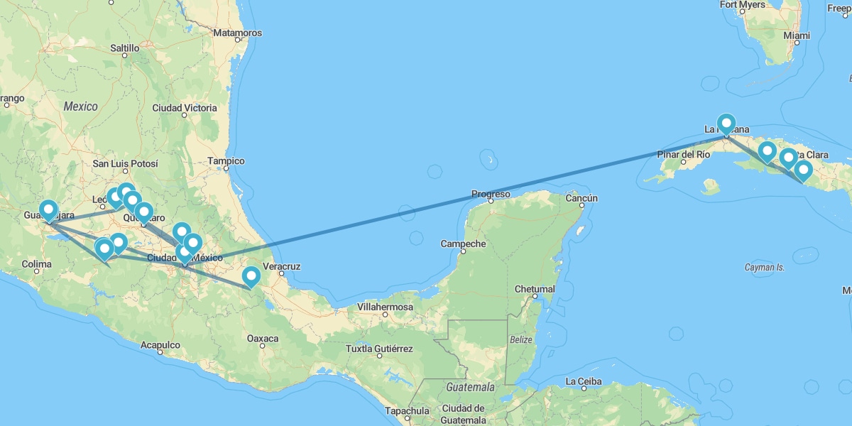 Havana, Cienfuegos, Trinidad, México D.F., Pátzcuaro, Guadalajara, Guanajuato e Querétaro