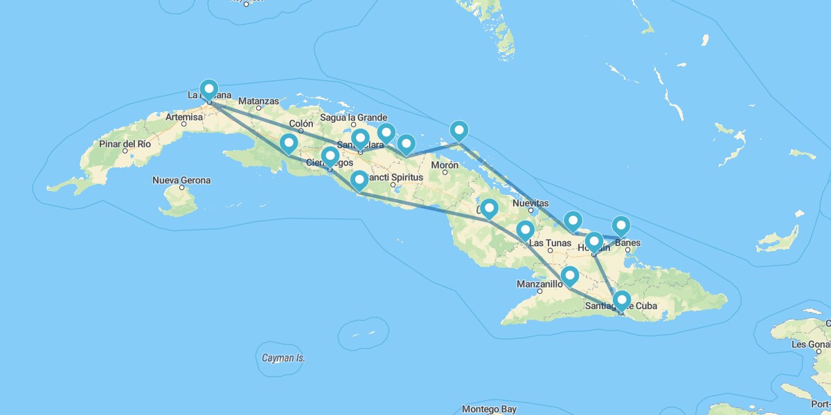 Havana, Cienfuegos, Trinidad, Camagüey, Santiago de Cuba, Guardalavaca, Cayo Coco e Remedios