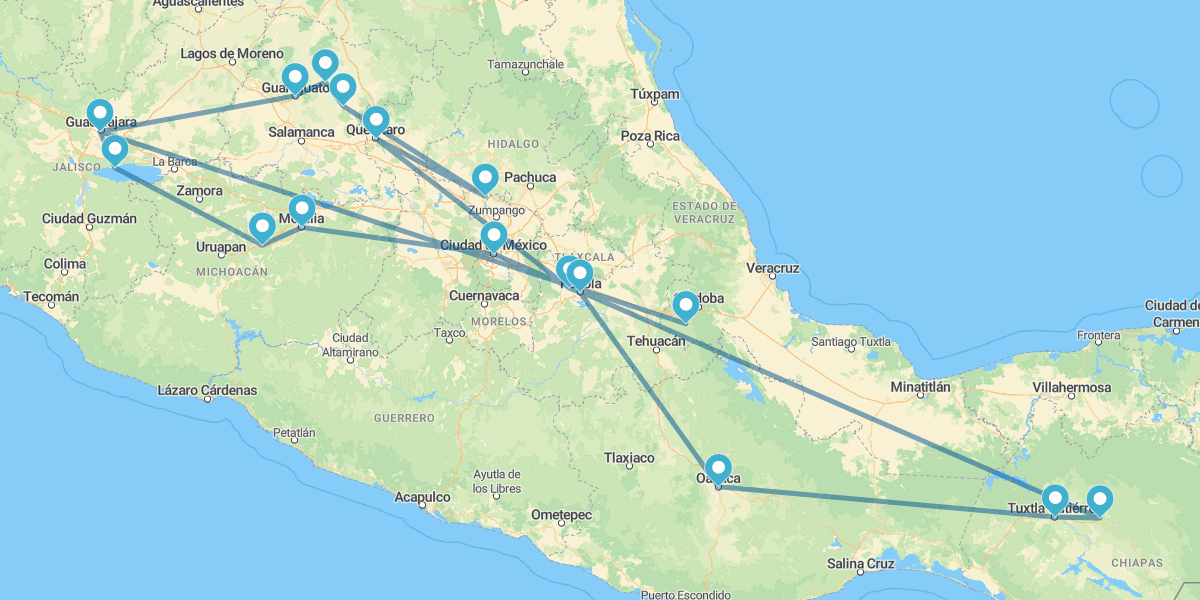 Cidade do México, Pátzcuaro, Guadalajara, Guanajuato, Querétaro, Oaxaca, Tuxtla Gutierrez e San Cristobal de las Casas