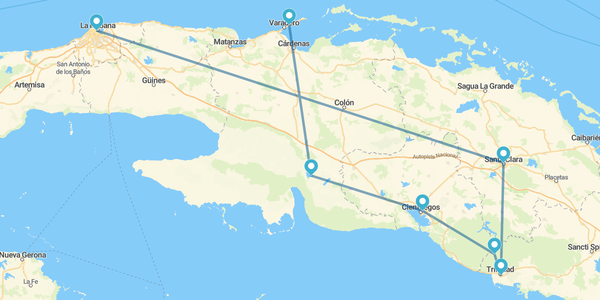 Havana, Santa Clara, Trinidad, Cienfuegos, Guamá e Varadero