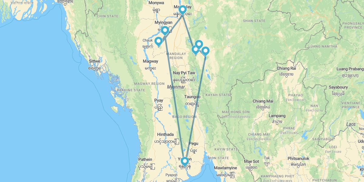 Yangon, Bagan, Monte Popa, Mandalay, Kalaw e Lago Inle