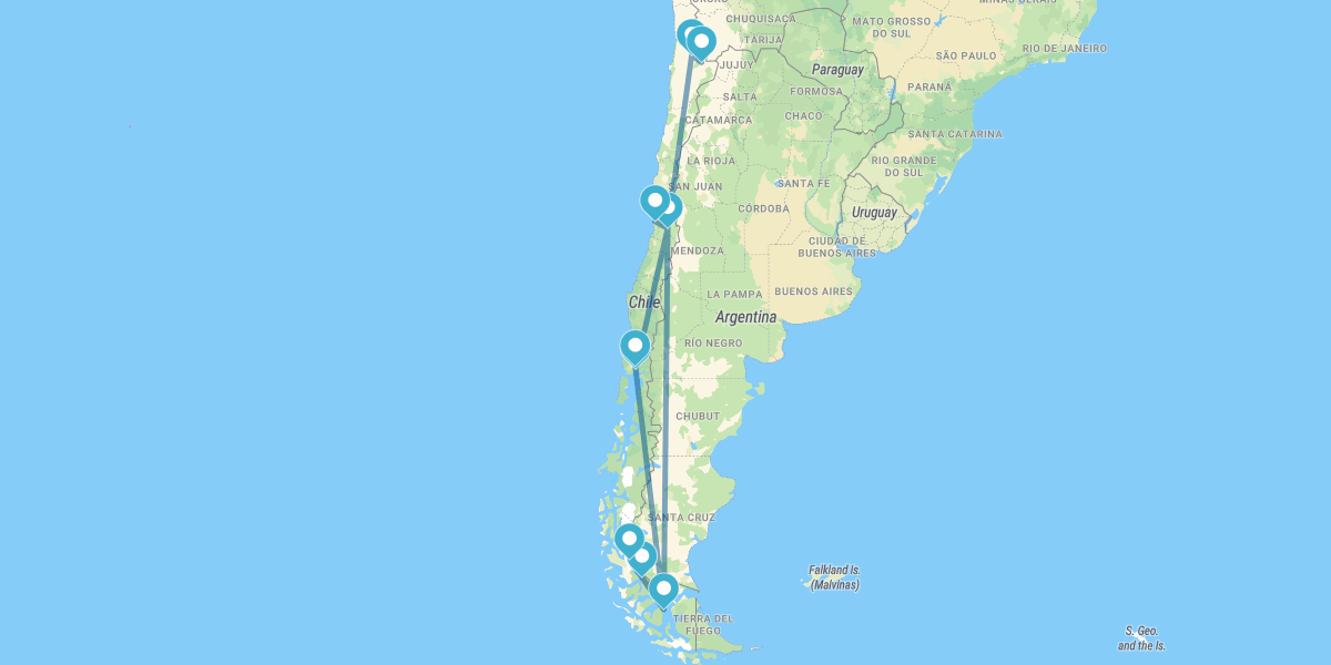 Santiago do Chile, San Pedro de Atacama, Puerto Varas, Puerto Natales e Parque Nacional Torres del Paine