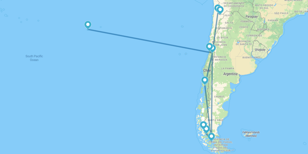 Santiago do Chile, San Pedro de Atacama, Puerto Varas, Puerto Natales, Parque Nacional Torres del Paine e Ilha da Páscoa