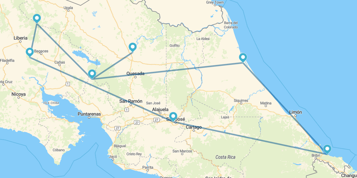 San José, Puerto Viejo, Tortuguero, Vulcão Arenal, Monteverde, Rincón de la Vieja e Guanacaste