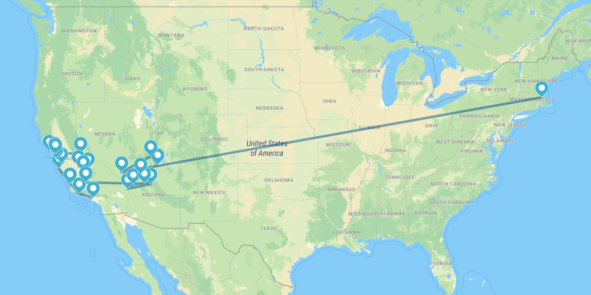 Percurso da Califórnia ao Nevada com Parques Naturais e Boston