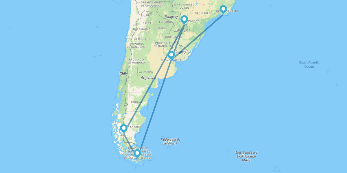 Buenos Aires, Ushuaia, Calafate, Iguaçu e Rio de Janeiro.