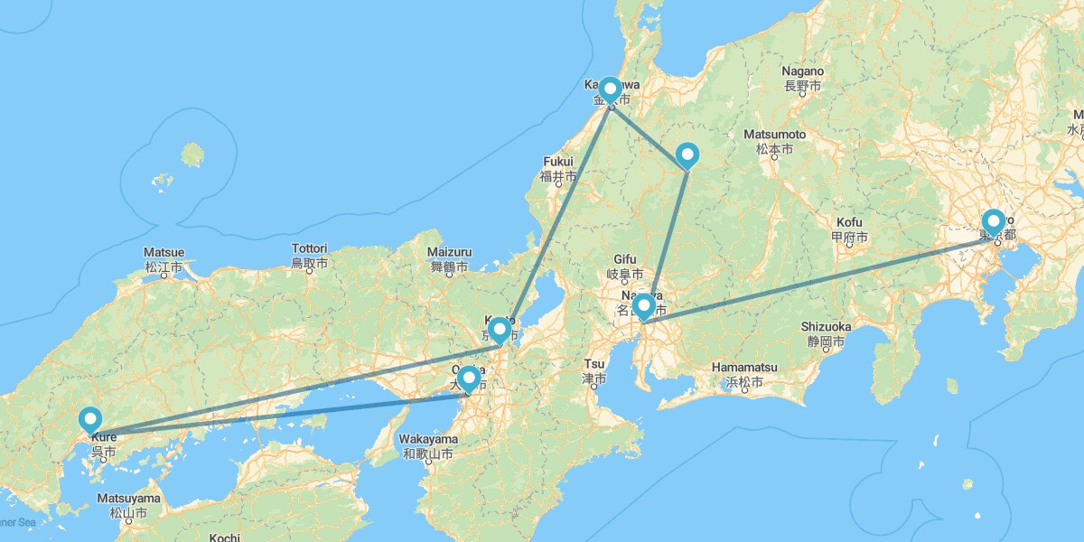 Tóquio, Nagoya, Takayama, Kanazawa, Quioto, Horshima e Osaka