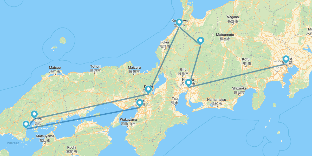 Tóquio, Nagoya, Takayama, Kanazawa, Quioto, Horshima, Miyajima e Osaka