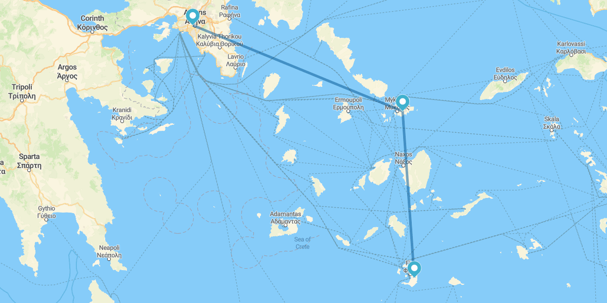 Atenas, Míconos e Santorini de avião, com transfers e carro alugado