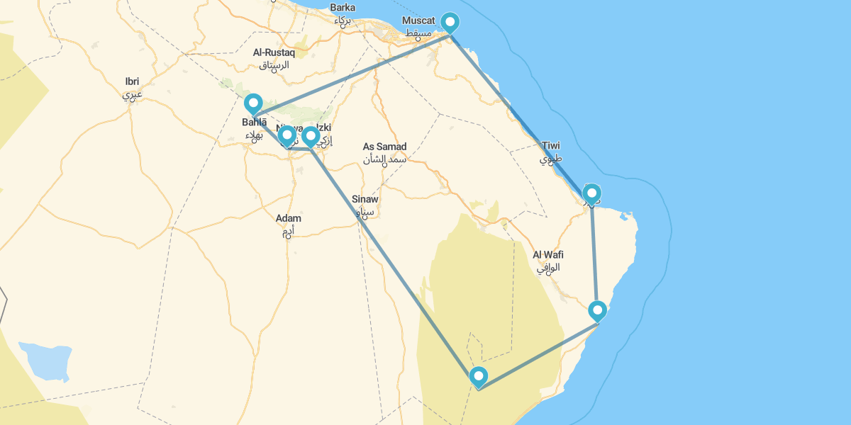 Mascate, Nizwa, Sharqiya Sands, Ras Al Jinz e praia de Mascate