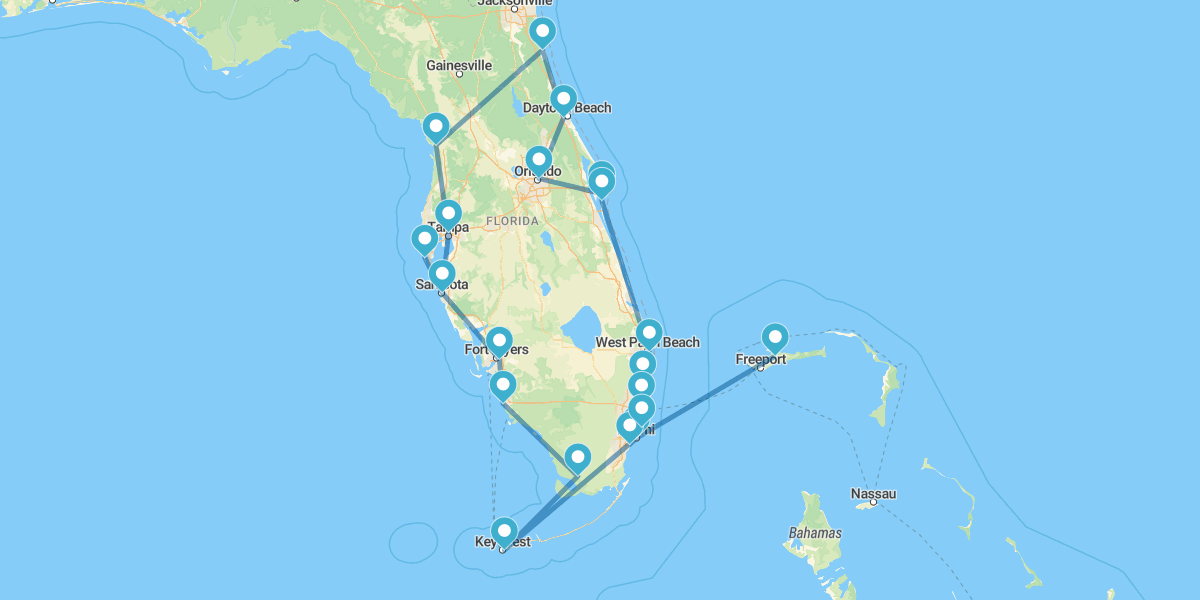 Percurso pela Costa da Flórida, Orlando e Grande Bahama