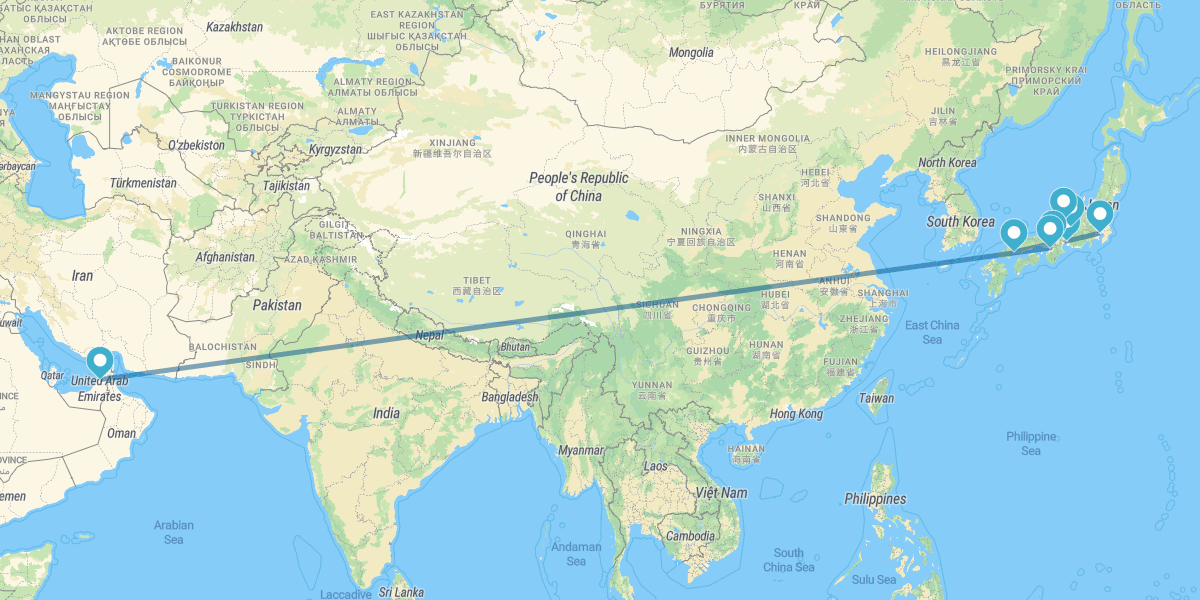 Tóquio, Nagoya, Takayama, Kanazawa, Quioto, Horshima, Osaka e Dubai