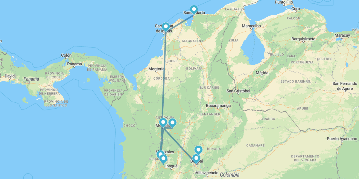 Bogotá, Medellín, Pereira, Cartagena das Índias e Santa Marta