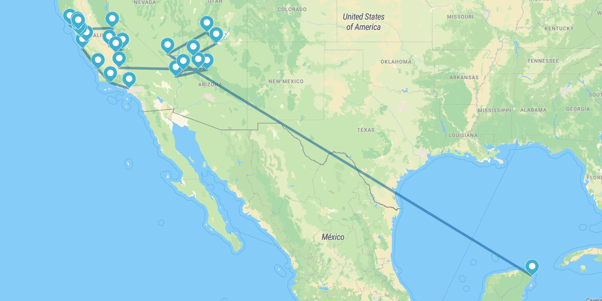 Percurso da Califórnia ao Nevada com Parques Naturais e Cancún