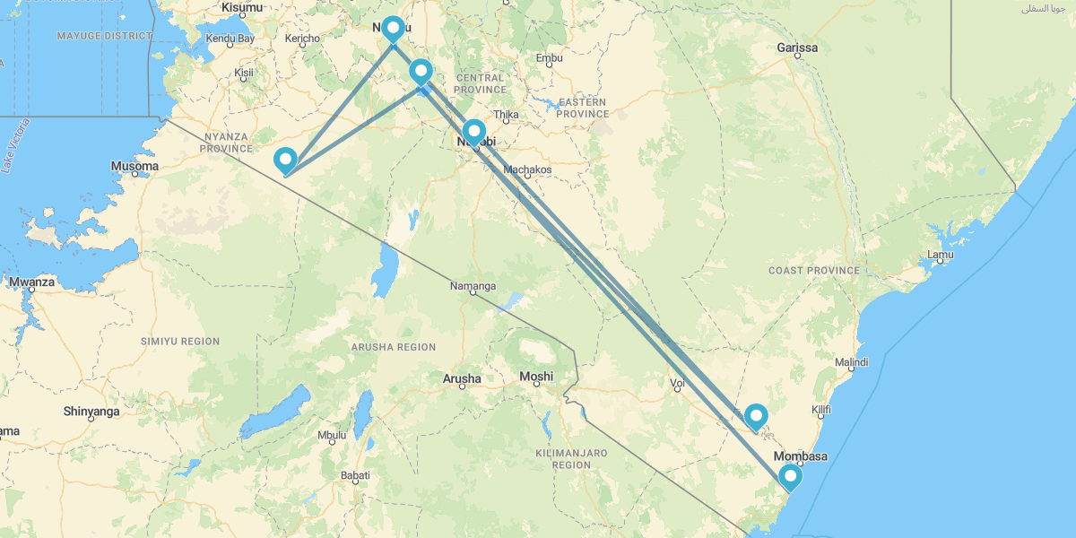 Nairobi, Samburu, Nakuru, Masai Mara e Naivasha com Diani
