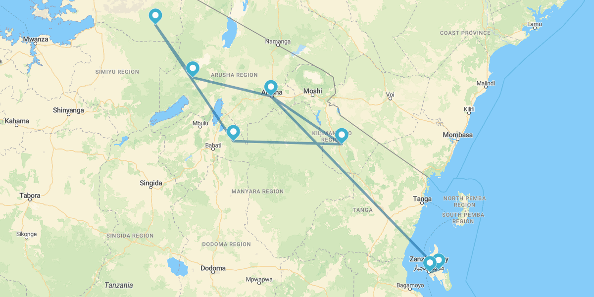 Arusha, Kilimanjaro, Tarangire, Serengeti e Ngorongoro com Zanzibar