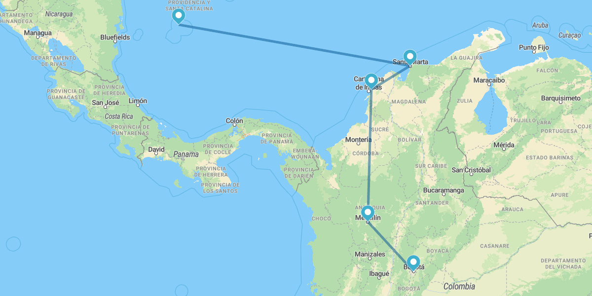 Bogotá, Medellín, Cartagena das Índias, Santa Marta e San Andrés