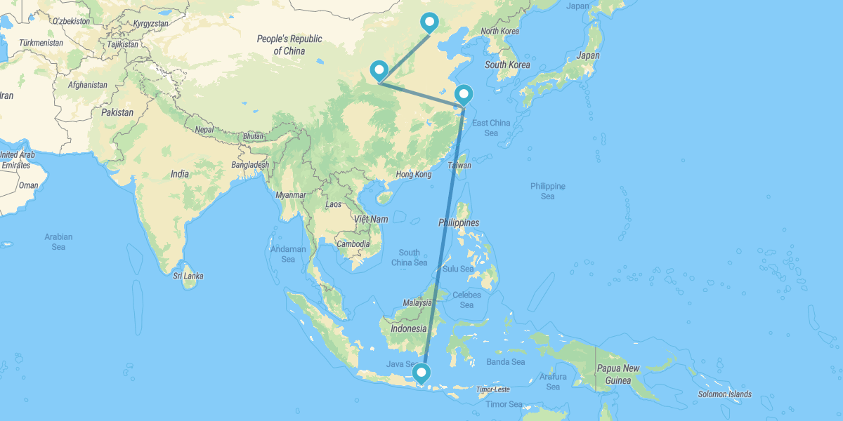 Pequim, Xi'an e Xangai podem ser acessadas de trem e avião, assim como as praias do sul de Bali.