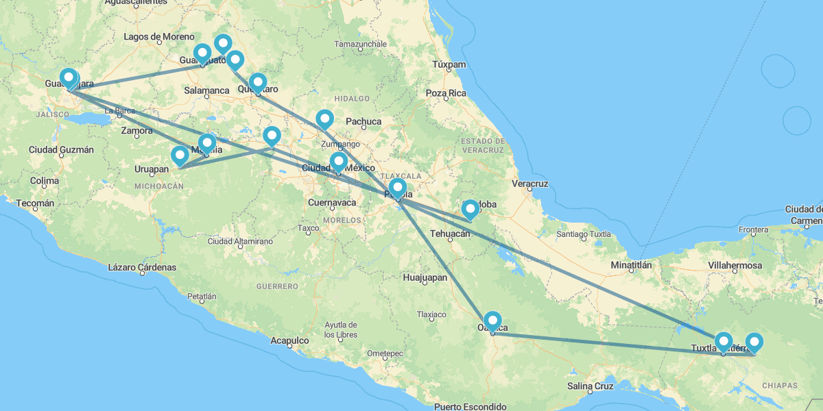 Cidade do México, Pátzcuaro, Guadalajara, Guanajuato, Querétaro, Puebla, Oaxaca, Tuxtla Gutierrez e San Cristobal de las Casas