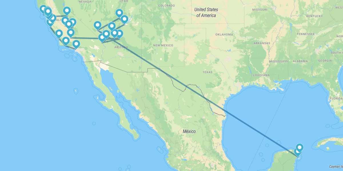 Percurso da Califórnia ao Nevada com Parques Naturais e Riviera Maya