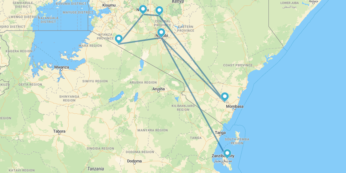 Nairóbi, Samburu, Aberdare, Lago Nakuru e Masai Mara com Zanzibar