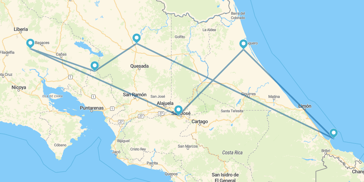 Tortuguero, Caribe, Arenal, Monteverde, Guanacaste e noite em San José