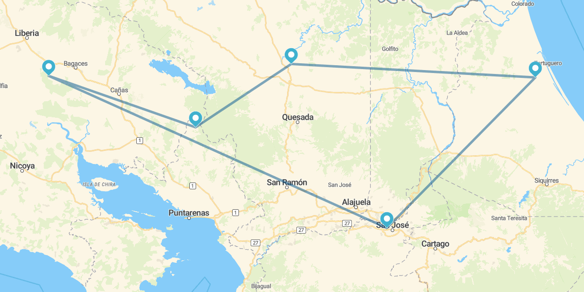 Tortuguero, Arenal, Monteverde, Guanacaste e noite em San José