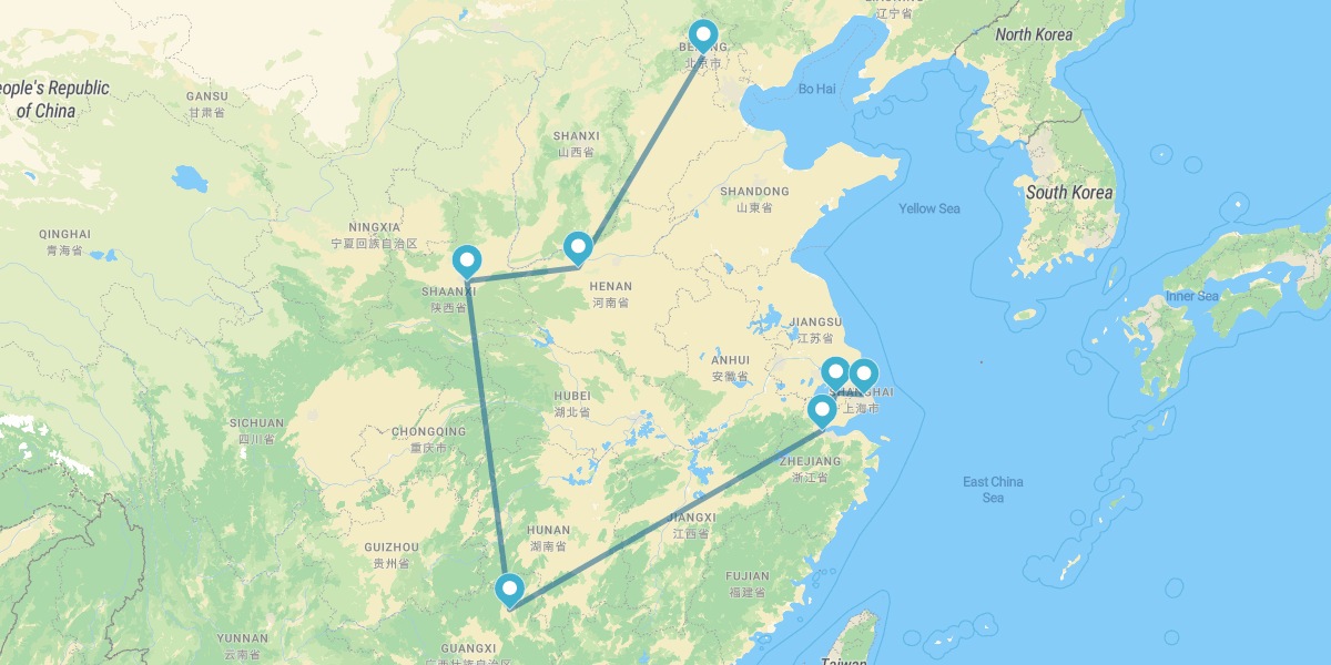 Pequim, Luoyang, Xian, Guilin, Hangzhou, Suzhou e Shanghai