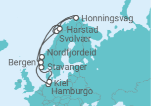 Itinerário do Cruzeiro Hamburg • Bergen • Holandsfjord • Lofoten • Nordkap • Harstad • Nordfjordeid • Stavanger • Kiel - Nicko Cruises