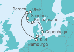 Itinerário do Cruzeiro Kiel • Kopenhagen • Kristiansand • Sandnes • Ulvik • Bergen  • Hamburg - Nicko Cruises