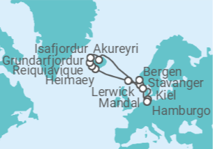 Itinerário do Cruzeiro Kiel • Stavanger • Bergen • Shetlandinseln • Westmännerinseln • Island • Mandal  • Hamburg - Nicko Cruises