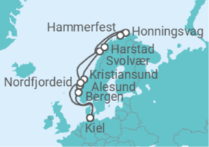 Itinerário do Cruzeiro Kiel • Bergen • Nordfjordeid • Kristiansund • Lofoten • Nordkap • Hammerfest • Harstad • Ålesund • K - Nicko Cruises