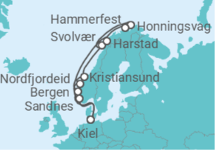 Itinerário do Cruzeiro Kiel • Sandnes • Nordfjordeid • Kristiansund • Lofoten • Nordkap • Hammerfest • Harstad • Bergen • K - Nicko Cruises