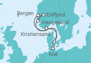 Itinerário do Cruzeiro Kiel • Kristiansand • Haugesund • Eidfjord • Bergen • Kiel - Nicko Cruises