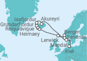 Itinerário do Cruzeiro Kiel • Sandnes • Bergen • Shetlandinseln • Westmännerinseln • Island • Mandal • Kiel - Nicko Cruises