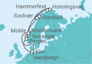 Itinerário do Cruzeiro Hamburg • Bergen • Nordfjordeid • Kristiansund • Lofoten • Nordkap • Hammerfest • Harstad • Molde •  - Nicko Cruises
