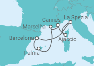 Itinerário do Cruzeiro Espanha, França, Itália - Virgin Voyages
