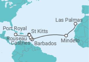 Itinerário do Cruzeiro Gran Canaria • Kapverden • Barbados • St. Lucia • Dominica • Montserrat • St. Kitts • Jamaika - Nicko Cruises