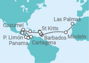 Itinerário do Cruzeiro Gran Canaria • Barbados • St. Lucia • Dominica • Jamaika • Mexiko • Guatemala • Costa Rica • Panamak - Nicko Cruises