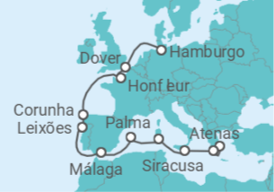 Itinerário do Cruzeiro Athen • Kalamata • Sizilien • Sardinien • Mallorca • Málaga • Porto • A Coruña • Honfleur • Dover •  - Nicko Cruises
