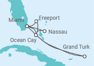Itinerário do Cruzeiro Miami,Ocean Cay,Freeport,Miami,Grand Turk Island,Ocean Cay,Nassau,Miami - MSC Cruzeiros