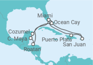 Itinerário do Cruzeiro Porto Rico, EUA, Honduras, México TI - com voo - MSC Cruzeiros