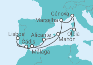 Itinerário do Cruzeiro Mediterrâneo partida e chegada a Lisboa 2027 TI - MSC Cruzeiros