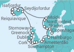 Itinerário do Cruzeiro Reino Unido, Irlanda, Bélgica, Holanda, Alemanha, Dinamarca, Noruega, Islândia - Princess Cruises